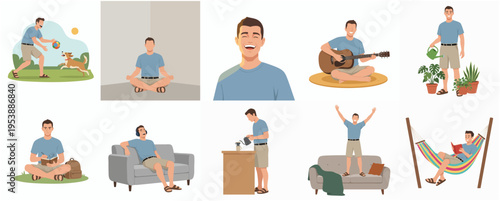Flat Illustration Set Man Doing Relaxing Activity Enjoying Life at Home