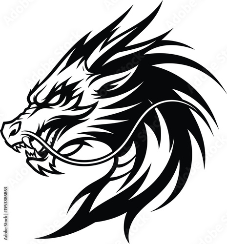 A black and white illustration of a fierce dragon's head in profile view with sharp teeth and spiky mane