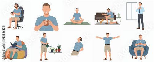 Flat Character Lifestyle Various Daily Activity and Hobby of Man Illustration