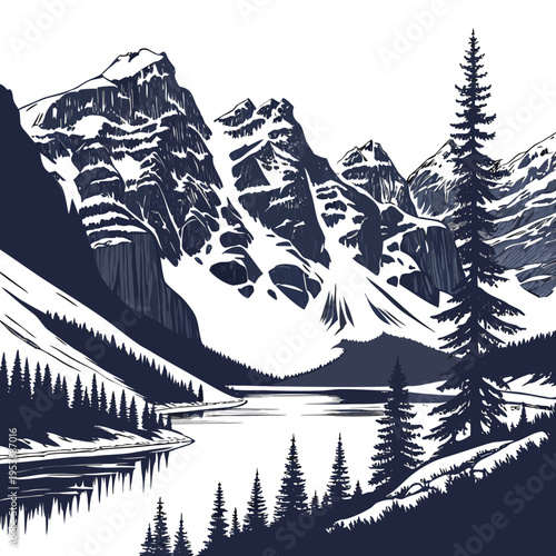 Mountain Landscape with Lake and Pine Trees mountains