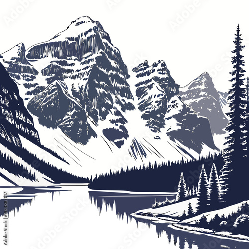Snowy Mountain Scene with Lake and Trees mountains