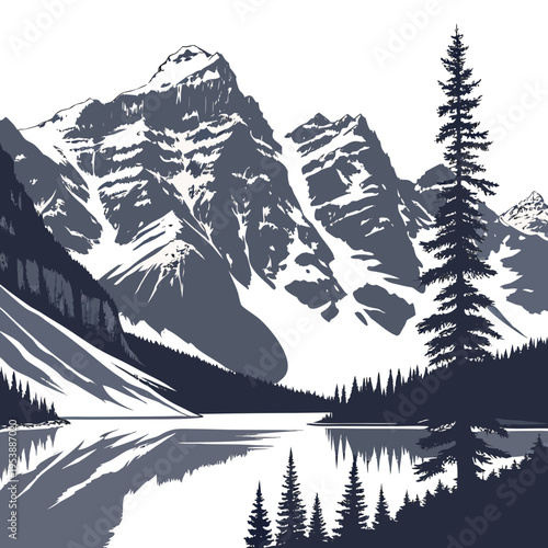 Gray Mountain Landscape with Lake and Pine Trees snow
