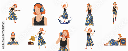 Flat Illustration Set of Woman Enjoying Music and Activities with Leisure