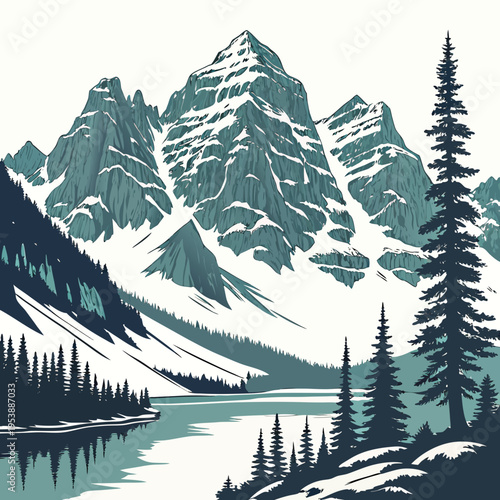 Snowy Mountain Landscape with Lake and Trees mountains
