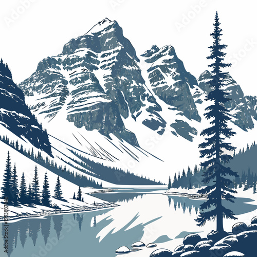 Snowy Mountain Landscape with Lake and Pine Trees mountains
