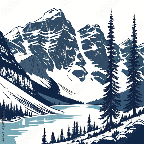 Blue Mountain Landscape with Lake and Trees mountains