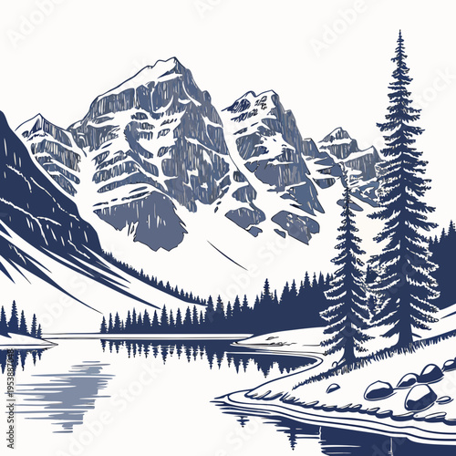 Dark Blue Mountain Scene with Lake and Trees mountains