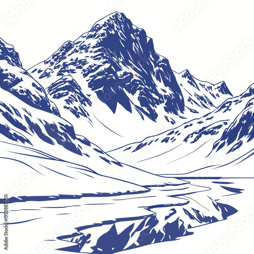 Blue Mountain Range with Lake and Snow mountains landscape