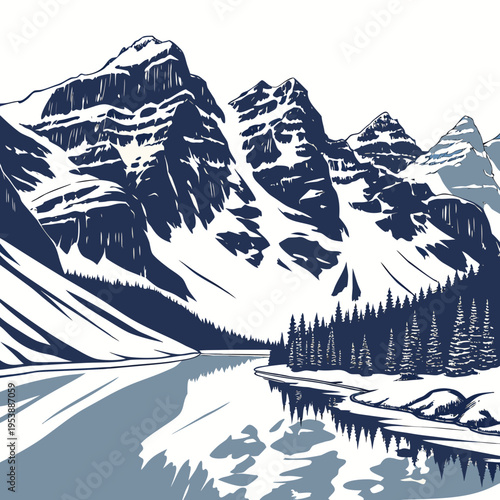 Snowy Mountain Range with Lake and Trees snowy mountains