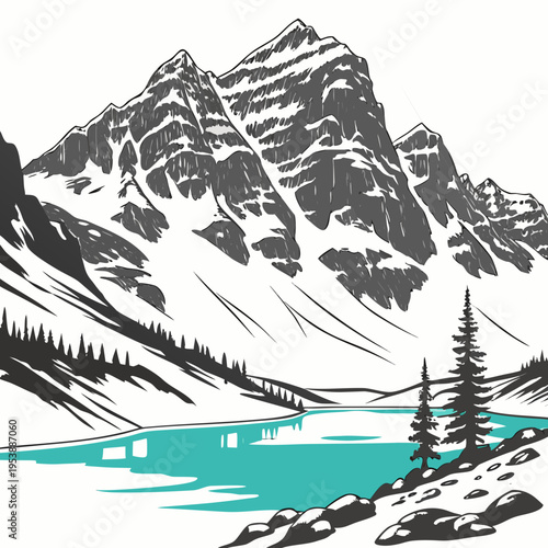 Black and White Mountain Landscape with Lake snow trees