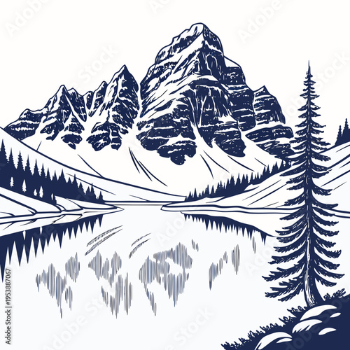 Snowy Mountain Landscape with Lake and Trees snowy mountains