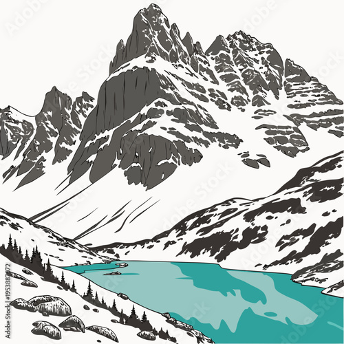 Snowy Mountain Peak with Turquoise Lake trees winter scenery