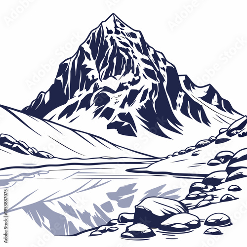 Snowy Mountain Peak with Lake and Rocks