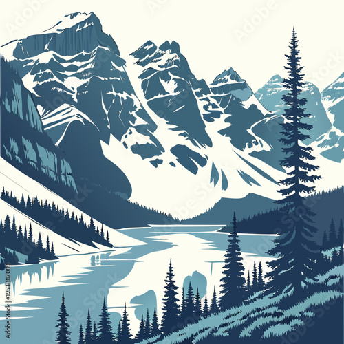 Mountain Landscape with Trees and Lake nature