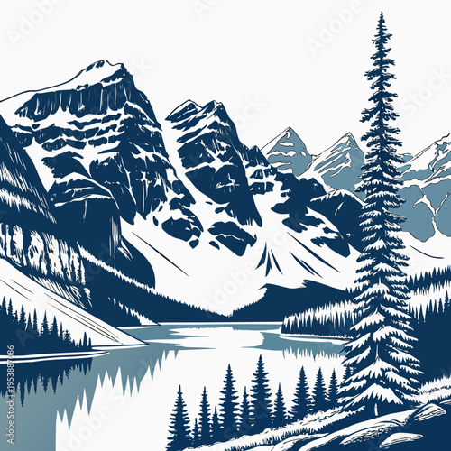 Snowy Mountain Landscape with Lake and Trees