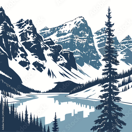 Snowy Mountain Range with Lake and Pine Trees mountains