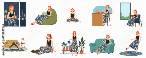 Flat Illustration Woman Lifestyle Activity in Home Relaxing at Various Pose