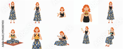 Diverse Flat Illustration of Woman Eating Various Foods in Different Poses