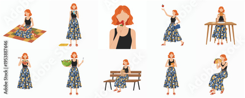 Minimalist Flat Woman in Various Poses Eating Food and Doing Activities