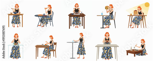 Illustrated Woman Eating at Table Various Positions in Different Restaurant