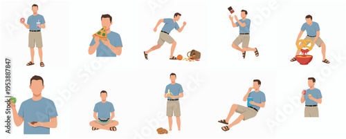 Simple Flat Character Illustration of Man with Various Food Activity Poses
