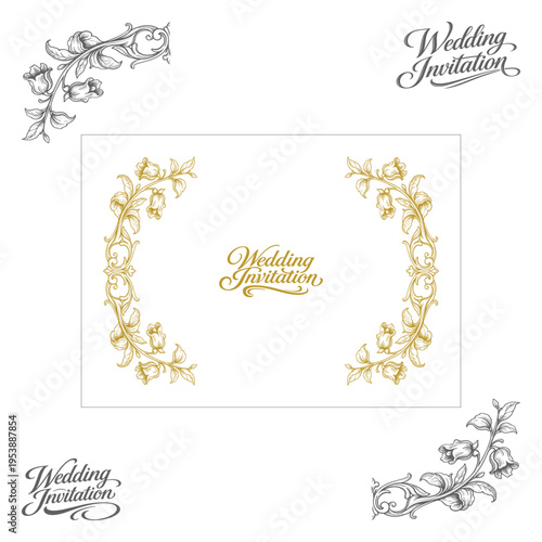 Vintage hand drawn wedding invitation ornamental frame with baroque floral scrolls, decorative border and elegant lettering composition. Classic luxury design for cards, labels, posters and print.
