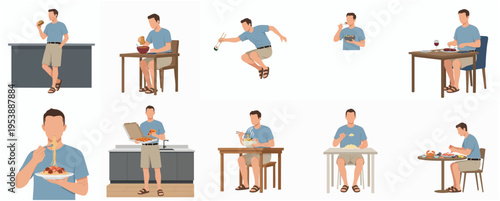 Simple Illustration Man Eating Various Food in Different Action Pose Lifestyle