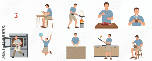Flat Style Detailed Man Cooking Process, Food Preparation and Recipe Illustration