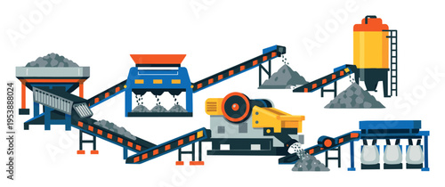 Mining or quarrying industrial complex processing minerals and aggregates using conveyor systems, crushing equipment, and storage tanks