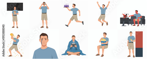 Flat Illustration Man Expressing Emotions and Different Activities of Daily Life
