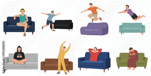 Realistic Flat Illustration People in Different Poses on the Sofa Couch