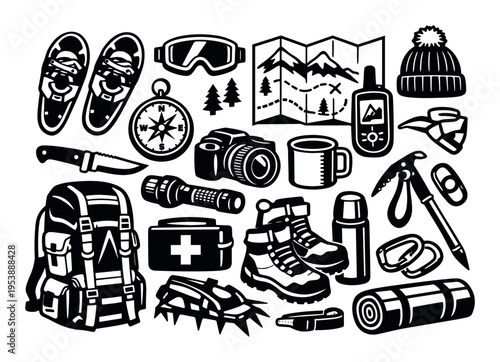 Various gear for winter mountaineering and trekking to help navigate and endure harsh outdoor environments