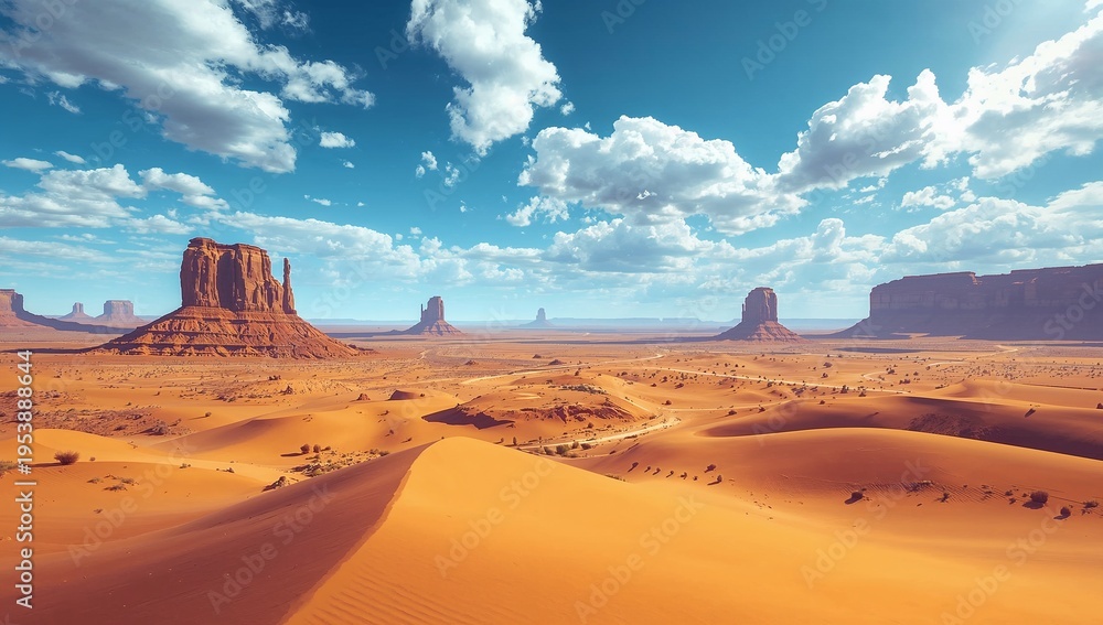 Fototapeta premium Highlighting large foreground sand dune revealing ripple textures at arid desert plain, with buttes