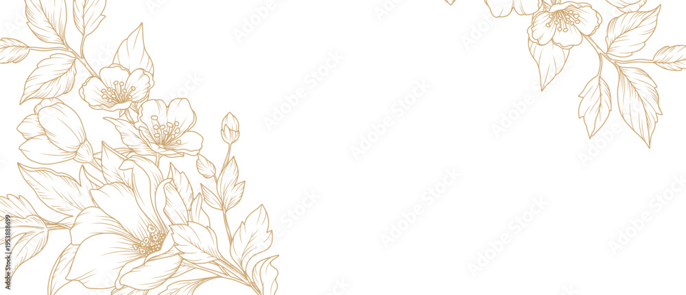 Obraz premium Spring floral line art background with golden hand drawn flowers. Vector design with a bouquet of flowers, branches, leaves for card, business card, flyer, banner, wedding invitation, cover, wallpaper