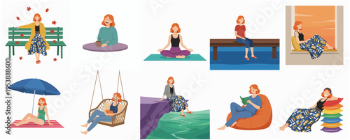 Relaxing Handdrawn Illustration Set Woman in Various Relaxing Scenes Lifestyle