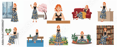 Flat Style Lifestyle Illustration of Woman Enjoying Relaxing Moments Set