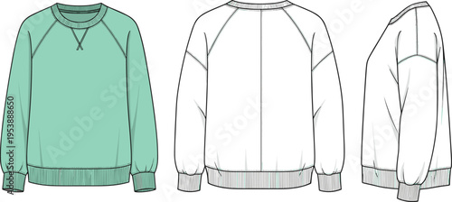 Sweatshirt technical fashion sketch front back and side view, long sleeve casual pullover apparel design illustration template