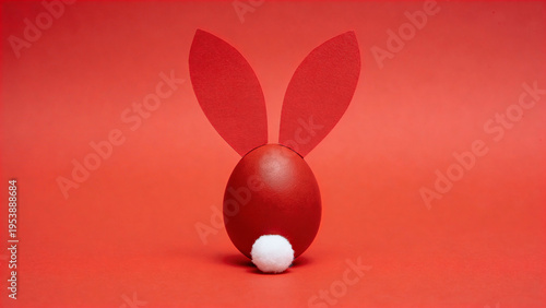 This festive red Easter egg is creatively designed as the back of a cheerful bunny, complete with distinctive paper ears and a soft white pom-pom tail for spring holiday fun.