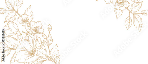 Spring floral line art background with golden hand drawn flowers. Vector design with a bouquet of flowers, branches, leaves for card, business card, flyer, banner, wedding invitation, cover, wallpaper