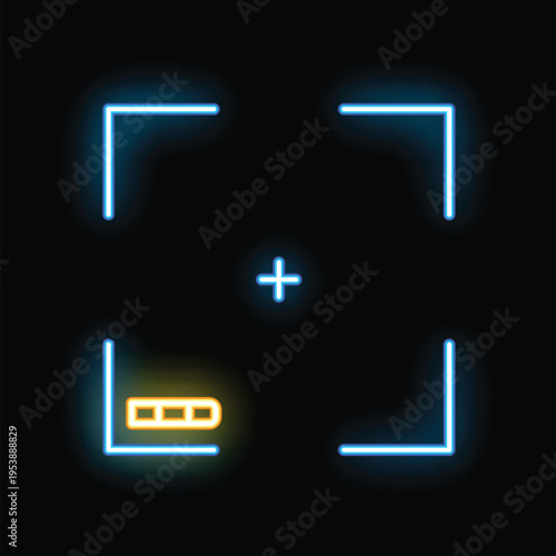Neon blue glowing camera viewfinder with battery icon showing low power on black background