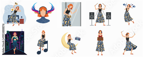 Flat Artistic Stylish Woman with Music Activities and Accessories Illustration