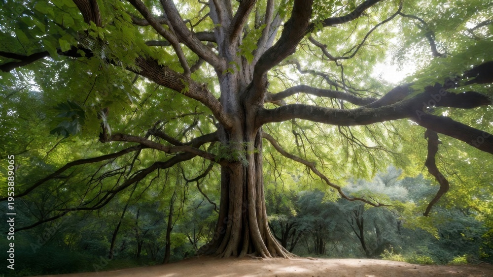 Obraz premium Massive tree with wide spreading branches in woodland clearing