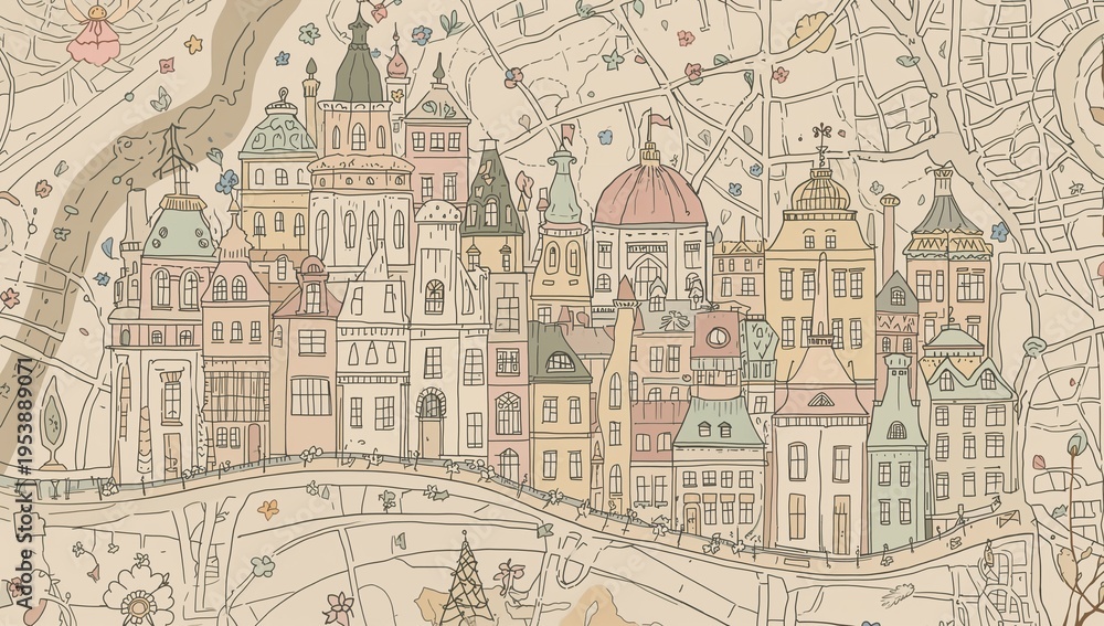 Obraz premium Depicting cluster of ornate historic buildings lining curved bridge on decorative map, with river
