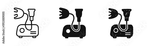 Nebulizer icon set with outline, solid, and hand-drawn styles. Medical inhaler device symbol for respiratory treatment.