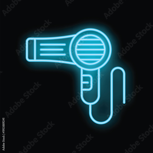 Blue neon sign of a hairdryer glowing on a black background