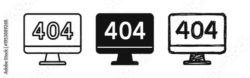404 error icon set with outline, solid, and hand-drawn styles. Page not found symbol on a computer screen.