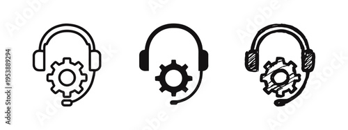 Technical support icon set with outline, solid, and hand-drawn styles. Headset with gear symbol for customer service.