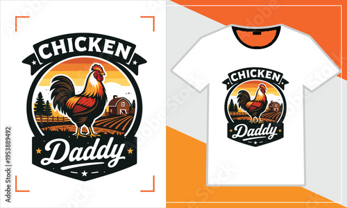 Chicken daddy t-shirt design with rooster and farm scene