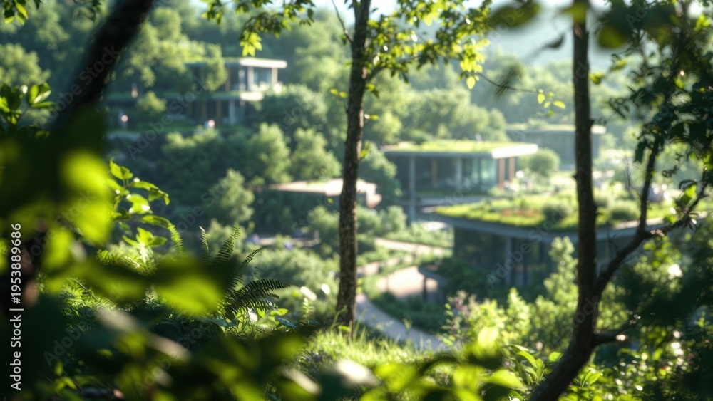 Fototapeta premium Modern pavilion structures viewed through leafy foreground