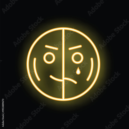 Yellow neon sign showing split personality with half face smiling and half face crying on black background